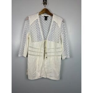 Multiples Medium Linen Cotton Lace Boho Tie Front Cardigan White Beach Resort